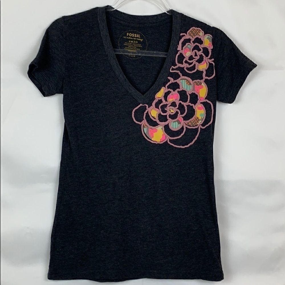 Fossil Grey embroidered deep v neck tee